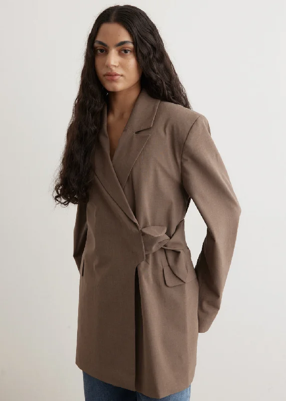 Exquisite Tailoring Drapey Melange Knot Belt Blazer