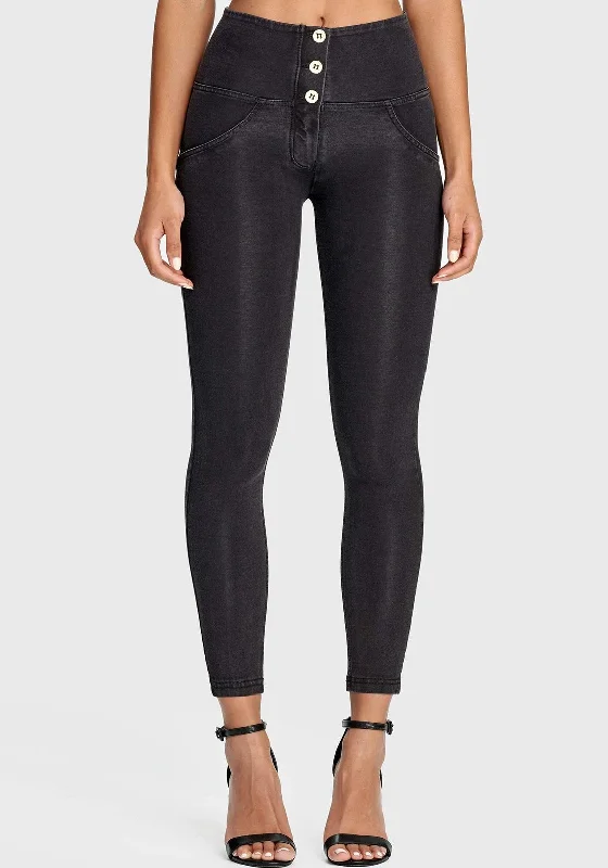 Simple And Comfortable Freddy High Rise Ankle Grazer Buttoned Denim Jeggings, Black