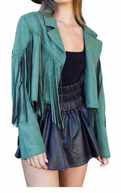 Bright Colors Fringe Suede Jacket In Olive
