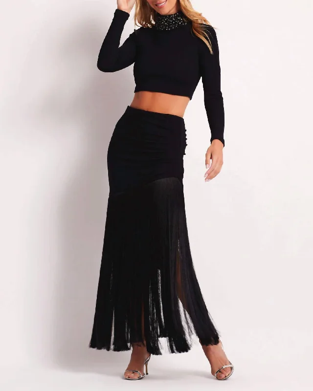 Exquisite Tailoring Knit Fringe Trim Midi Skirt In Black