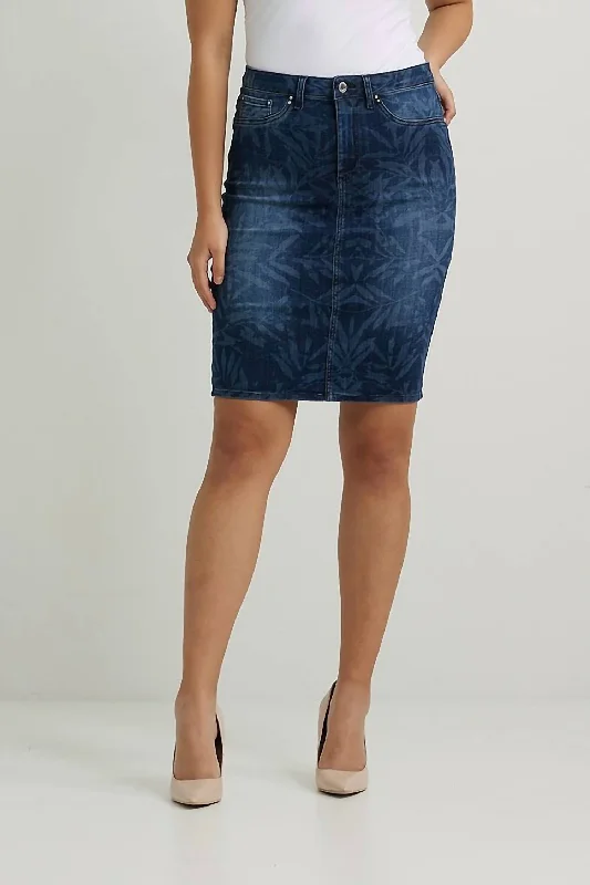 Spring Fashion Leaf Print Denim Skirt In Denim Blue