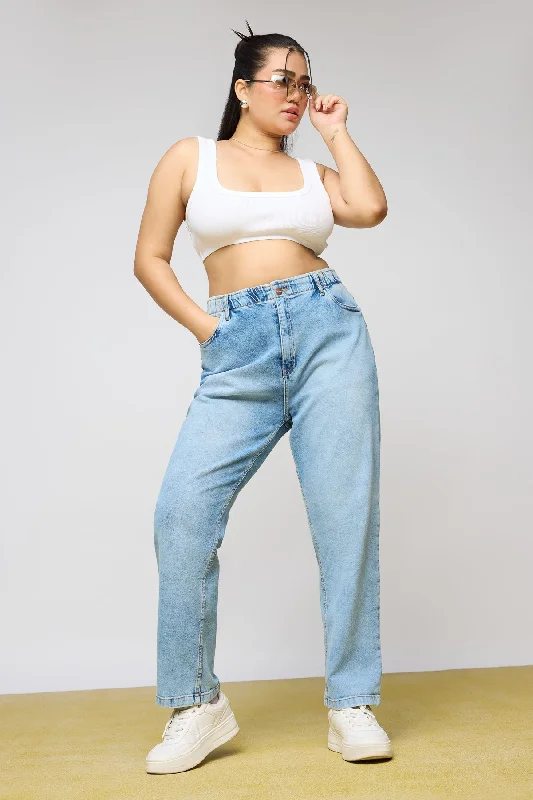 Fashion Innovation Light Blue Leisure Elasticated Curve Mom Fit Jeans