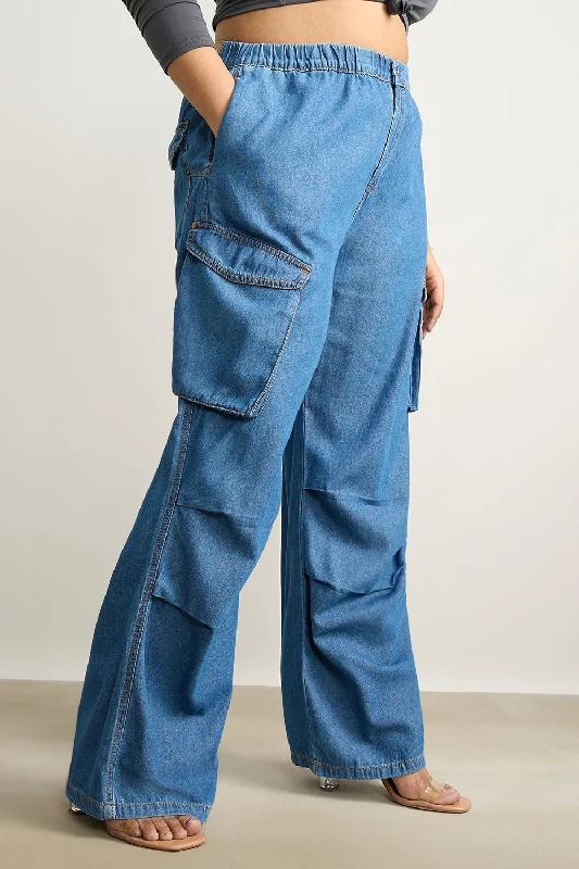 British Style Denim Breezy Cargo Pleat Pants