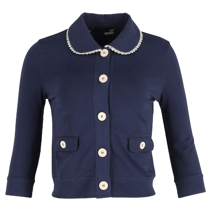 Breathable Design Love Moschino Button Down Frilled-Collar Jacket in Navy Blue Cotton