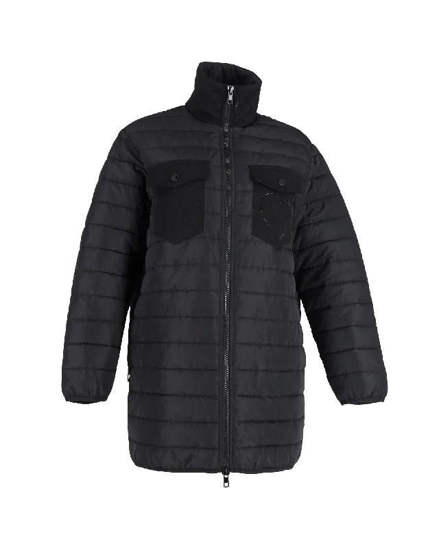 Embroidered Letters Love Moschino Crystal-embellished Quilted Shell Coat In Black Polyester