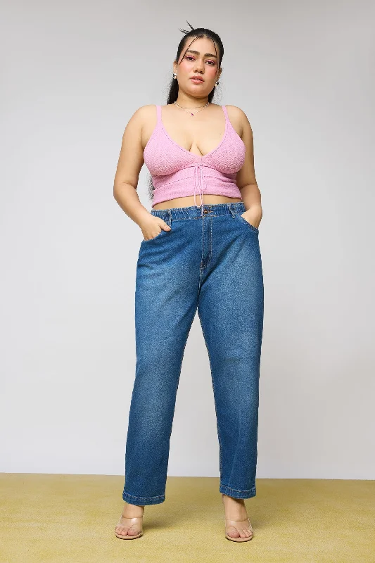 Integrated Design Mid Blue Leisure Elasticated Curve Mom Fit Jeans