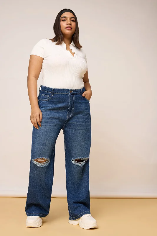 Fashionable Inner Wear Curve Clean-Cut Wide Leg Jeans