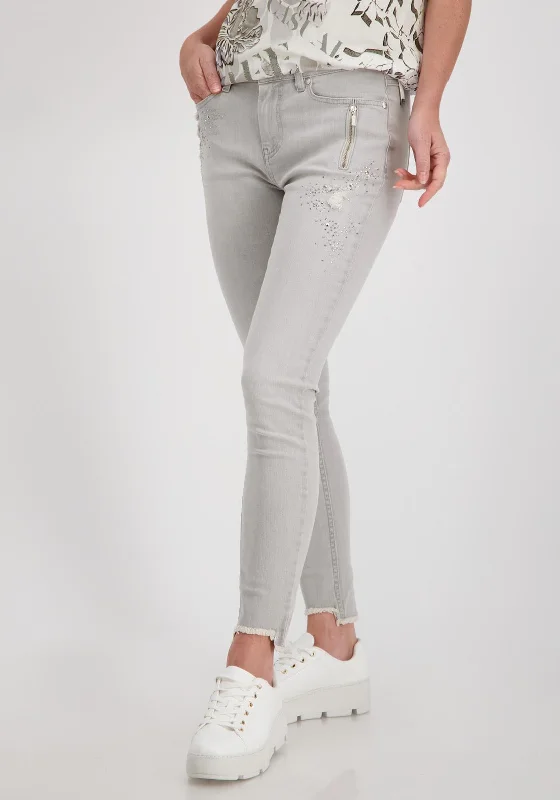 European And American Style Monari Slim Leg Rhinestone Jeans, Light Grey