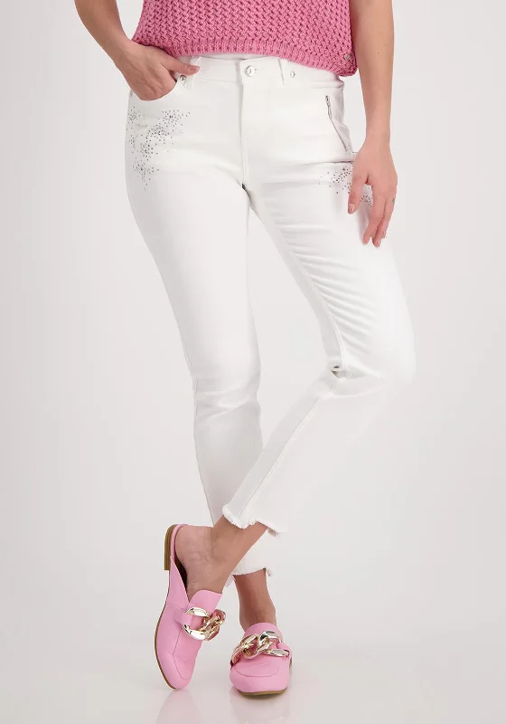 Embroidered Letters Monari Slim Leg Rhinestone Jeans, White