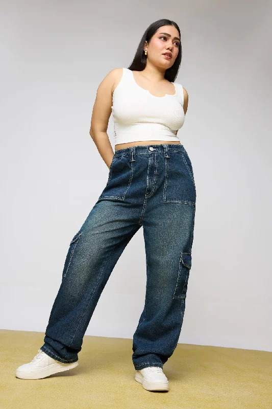 Elegant And Casual Navy Drift Curve Straight Fit Cargo Jeans