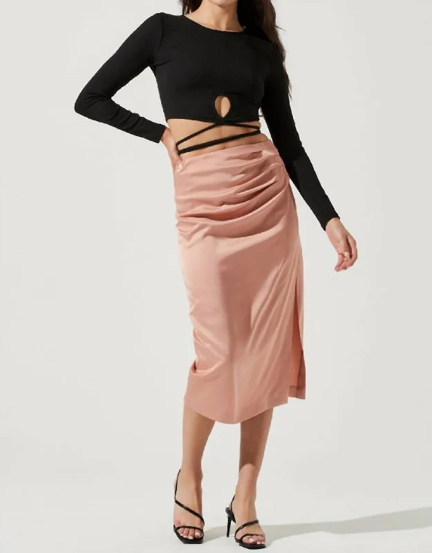Comfortable And Versatile Perry Ruched Side Slit Midi Skirt In Blush Pink