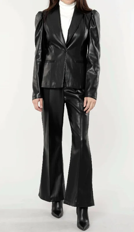 Eye-catching Personality Puff Shoulder Vegan Leather Blazer In Black
