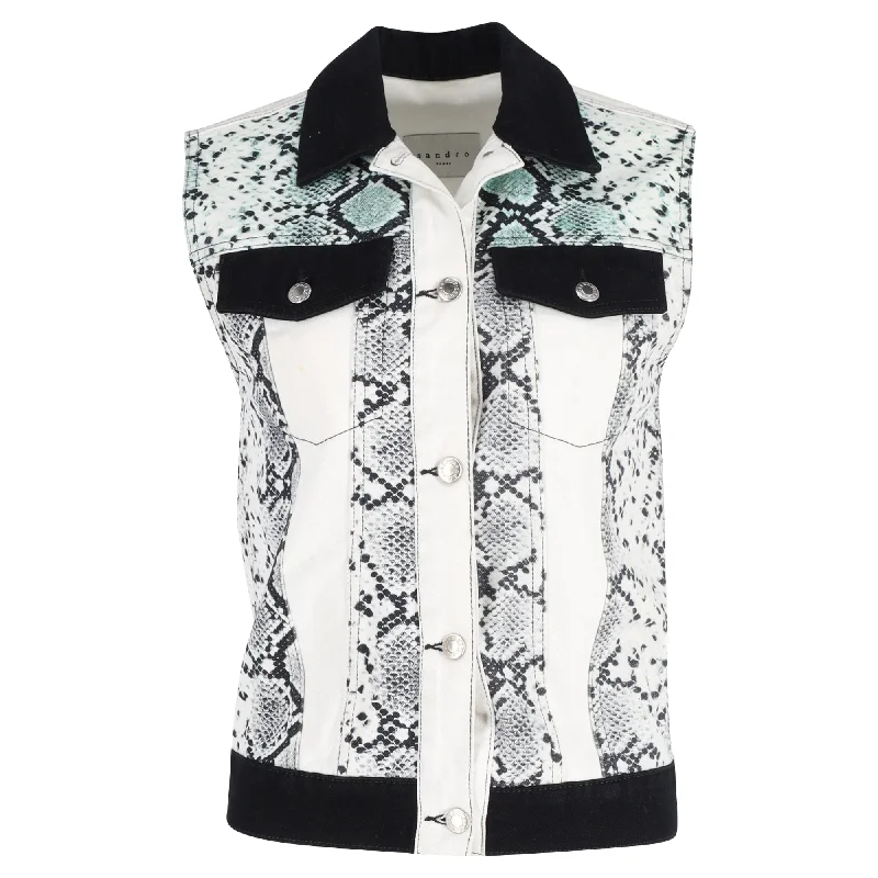 Trendy And Casual Sandro Paris  Snake Print Vest in White Cotton Denim