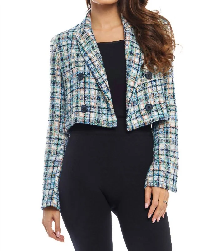 Fresh And Capable Tweed Crop Double Breasted Jacket In Blue Multi