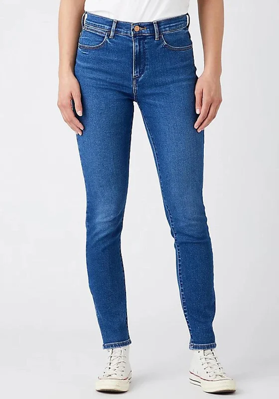 Embroidered Letters Wrangler High Rise Skinny 630 Jeans, Camellia Medium Blue