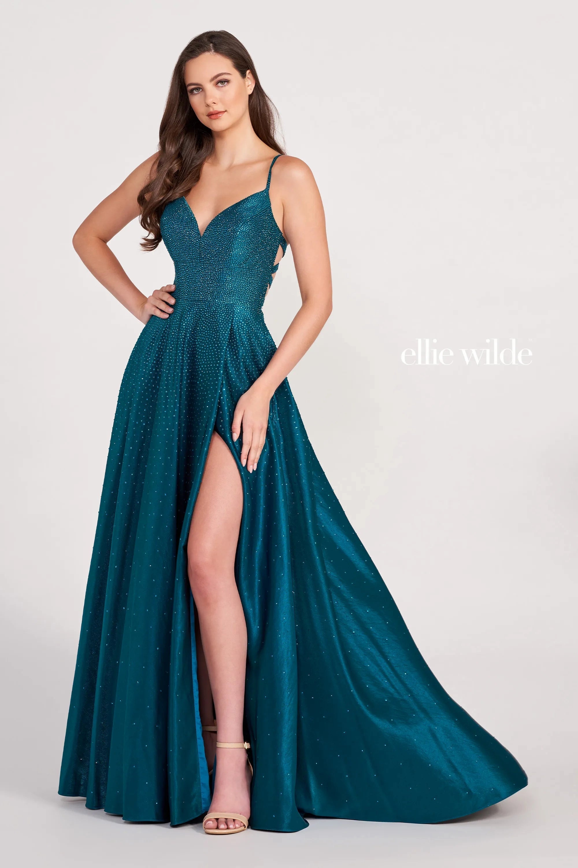 Refreshing Design Ellie Wilde EW121001 Strappy Open Back Crystal Studded Satin Gown