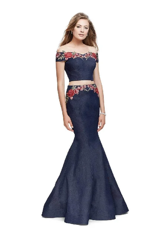 Feminine Charm La Femme - 25924 Off The Shoulder Floral Print Denim Gown