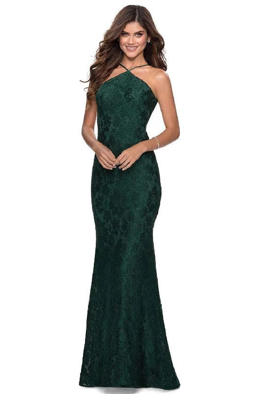 Printed Patterns La Femme - 28619 Lace Applique Halter Sheath Dress