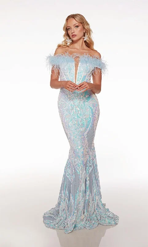 Classic Color Alyce Paris Off Shoulder Feather Prom Dress 61650