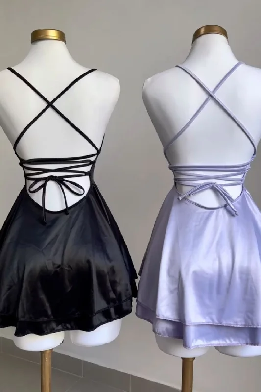 Short Design Black A-Line Satin Short Party Dress Simple Homecoming Dress, DP2969