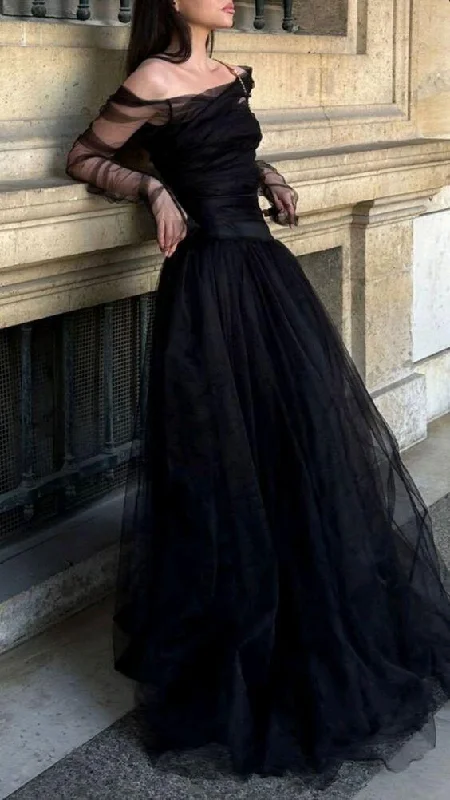 Avant-garde Design Black Off Shoulder A-Line Tulle Long Prom Dress Evening Gown, DP2946
