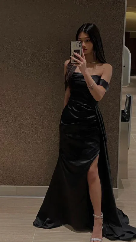 Sweet Style Black Off Shoulder Mermaid Simple Satin Long Prom Dress with Slit, DP2948 Sweet Style Black Off Shoulder Mermaid Simple Satin Long Prom Dress with Slit, DP2948