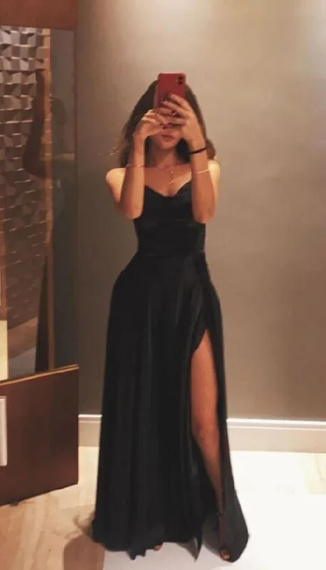 Youthful Street Fashion Black Sweetheart A-Line Satin Long Party Dress with Slit, DP2947 Youthful Street Fashion Black Sweetheart A-Line Satin Long Party Dress with Slit, DP2947