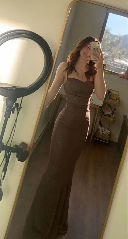 Bright Colors Brown Straps Mermaid Long Prom Dress Evening Party Dress, DP2975