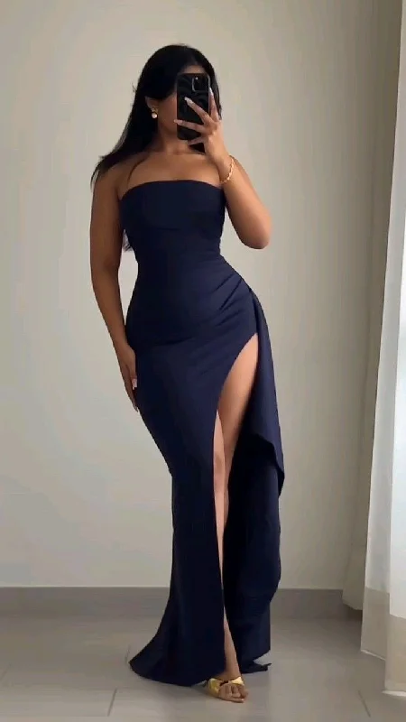 Personalized Clothing Dark Navy Strapless Sheath Long Party Dress with Slit, DP2924 Personalized Clothing Dark Navy Strapless Sheath Long Party Dress with Slit, DP2924