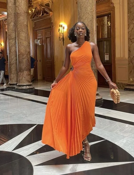Floral Prints Orange One Shoulder Pleated A-Line Long Party Dress, DP2928