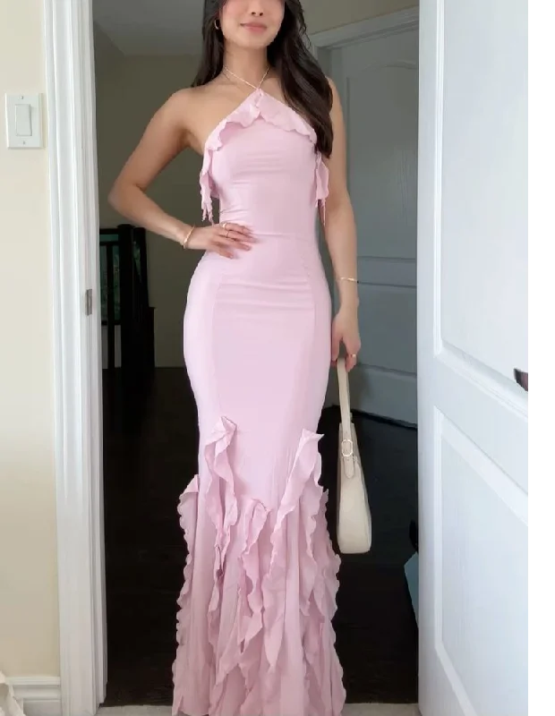 Lively And Youthful Pink Halter Mermaid Ruffles Long Evening Party Dress, DP2961