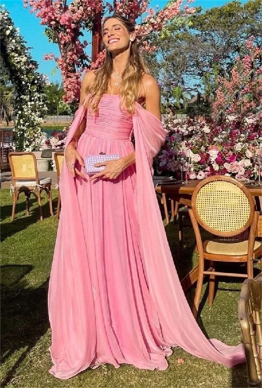 Simple And Comfortable Pink Off Shoulder A-Line Long Prom Dress Wedding Guest Dress, DP2951 Simple And Comfortable Pink Off Shoulder A-Line Long Prom Dress Wedding Guest Dress, DP2951