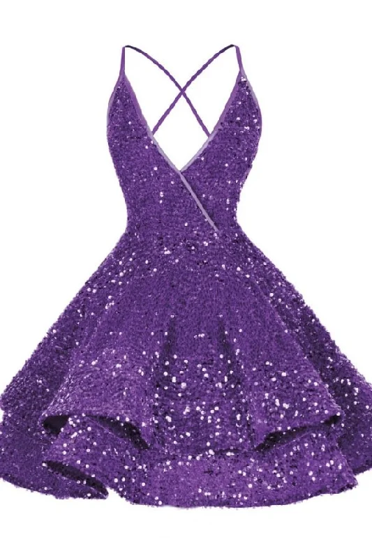 Creative Prints Purple V Neck A-Line Sequined Homecoming Dress Short Party Dress, DP2957 Creative Prints Purple V Neck A-Line Sequined Homecoming Dress Short Party Dress, DP2957