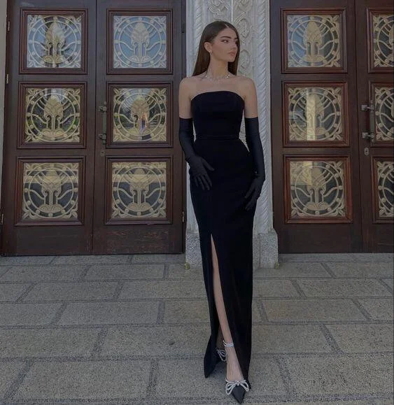 Casual And Comfortable Sexy Black Strapless Mermaid Simple Long Evening Dress with Slit, DP2950 Casual And Comfortable Sexy Black Strapless Mermaid Simple Long Evening Dress with Slit, DP2950