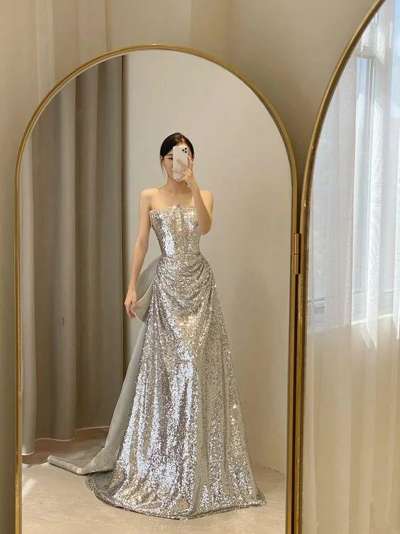 Fashionable Inner Wear Sliver Sequined Strapless A-Line Long Party Dress Birthday Dress, DP2943 Fashionable Inner Wear Sliver Sequined Strapless A-Line Long Party Dress Birthday Dress, DP2943