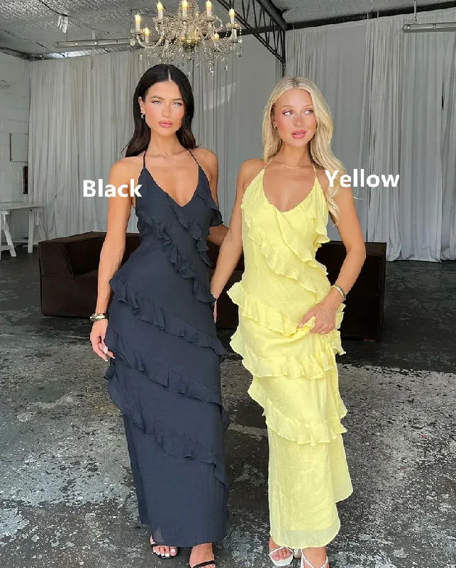 Simple And Comfortable Yellow Halter Sheath Ruffles Long Party Dress Wedding Guest Dress, DP2962