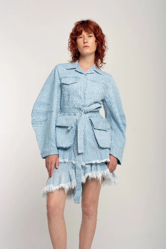 Fresh And Fashionable BLUE ROUND SLEEVE MULTI POCKET JACKET