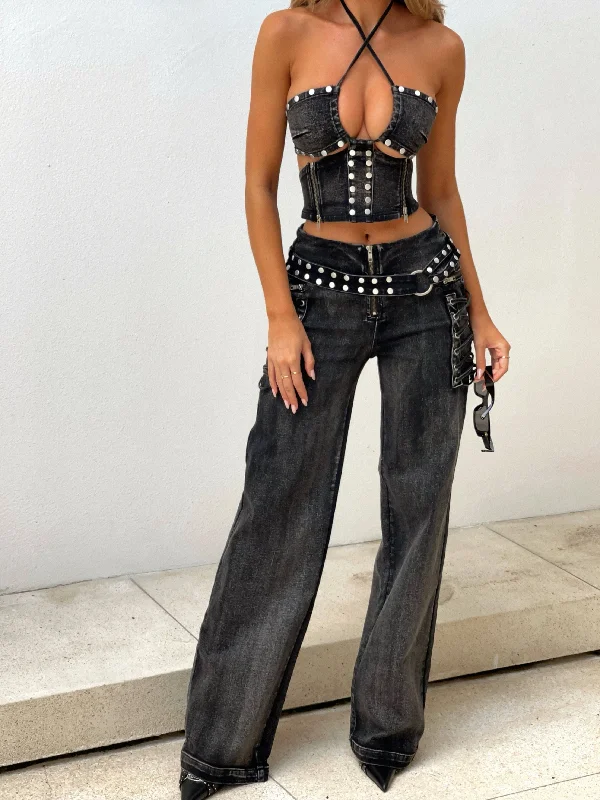 Fashion Style INES TOP DENIM WASHED BLACK