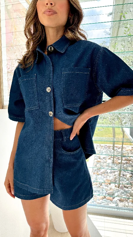 Comfortable Series Olivia Shirt and Shorts Set - Dark Denim
